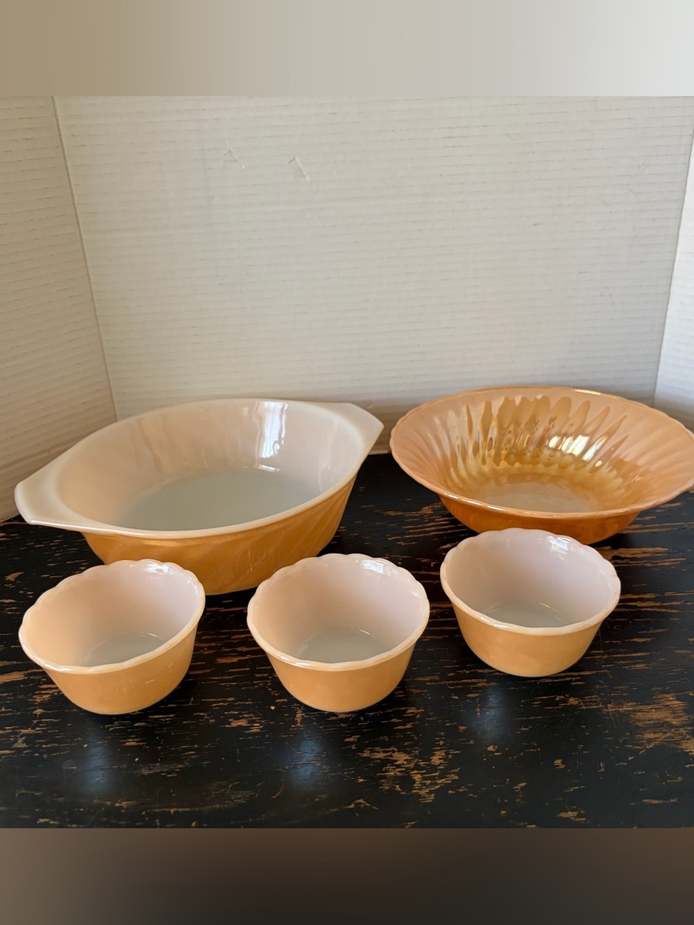 Fire King Peach-Orange Glass Oven and Serving Bowl Set